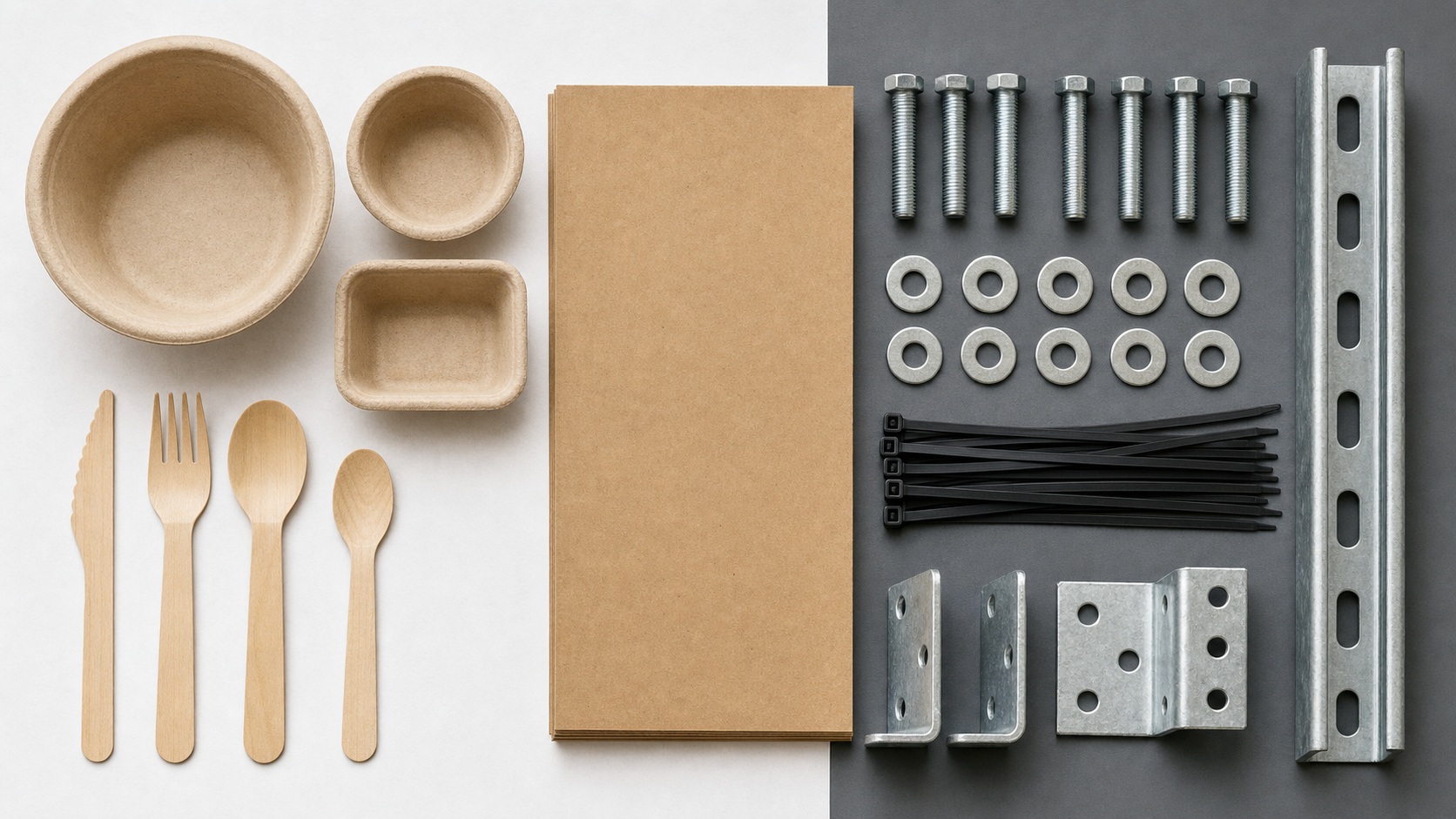 Overhead grid of bagasse tableware, wooden cutlery, paper stock, fasteners, cable ties, brackets, and strut channel.